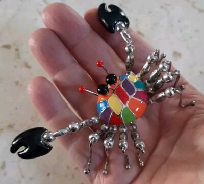 Vtg Lrg Sea Crab Brooch Multicolor Enamel Silvertone Cynthia Chuang Style  3''x4''