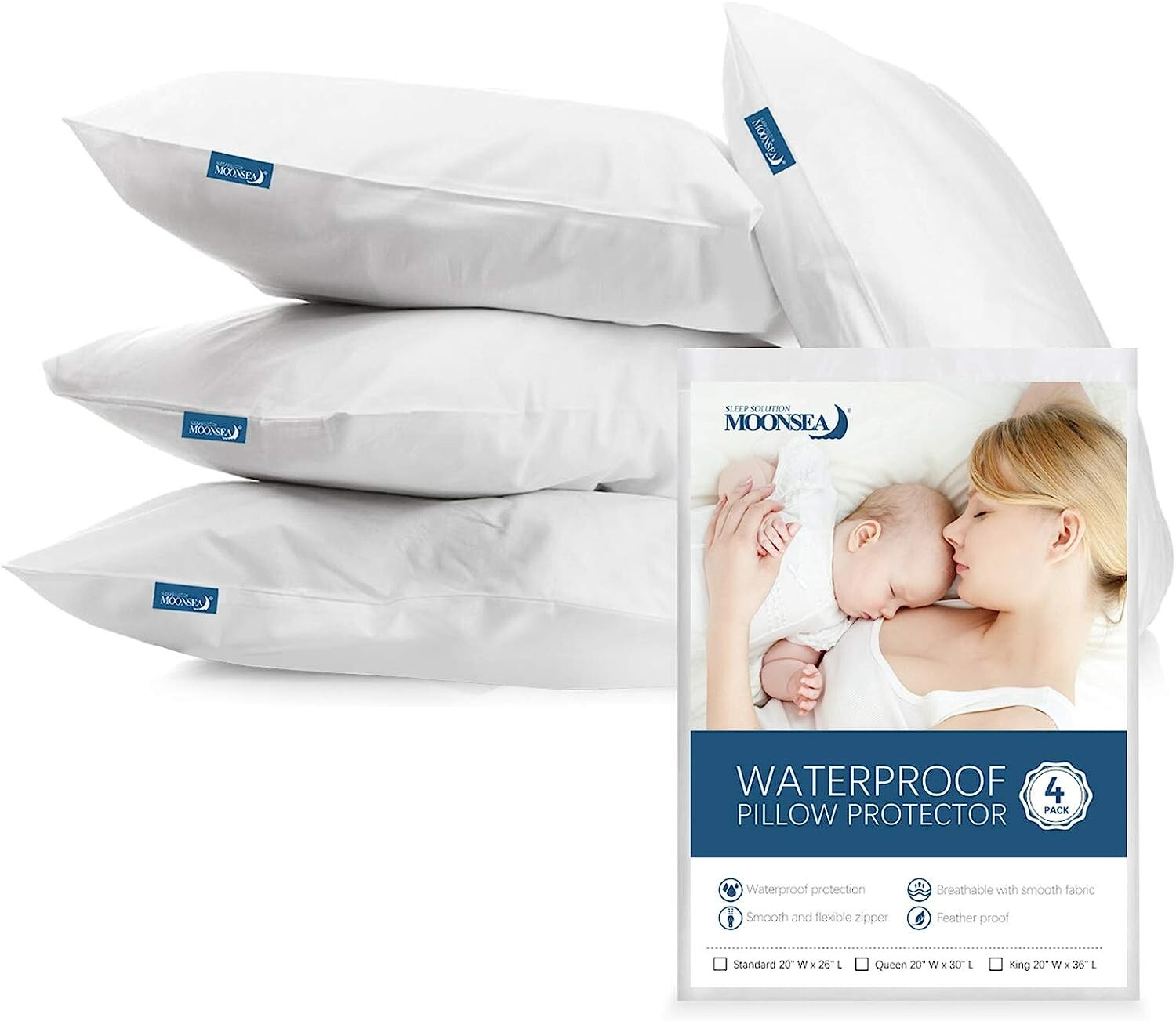 Waterproof Zippered Pillow Protectors Set of 4 Queen Size Pillowcases-image