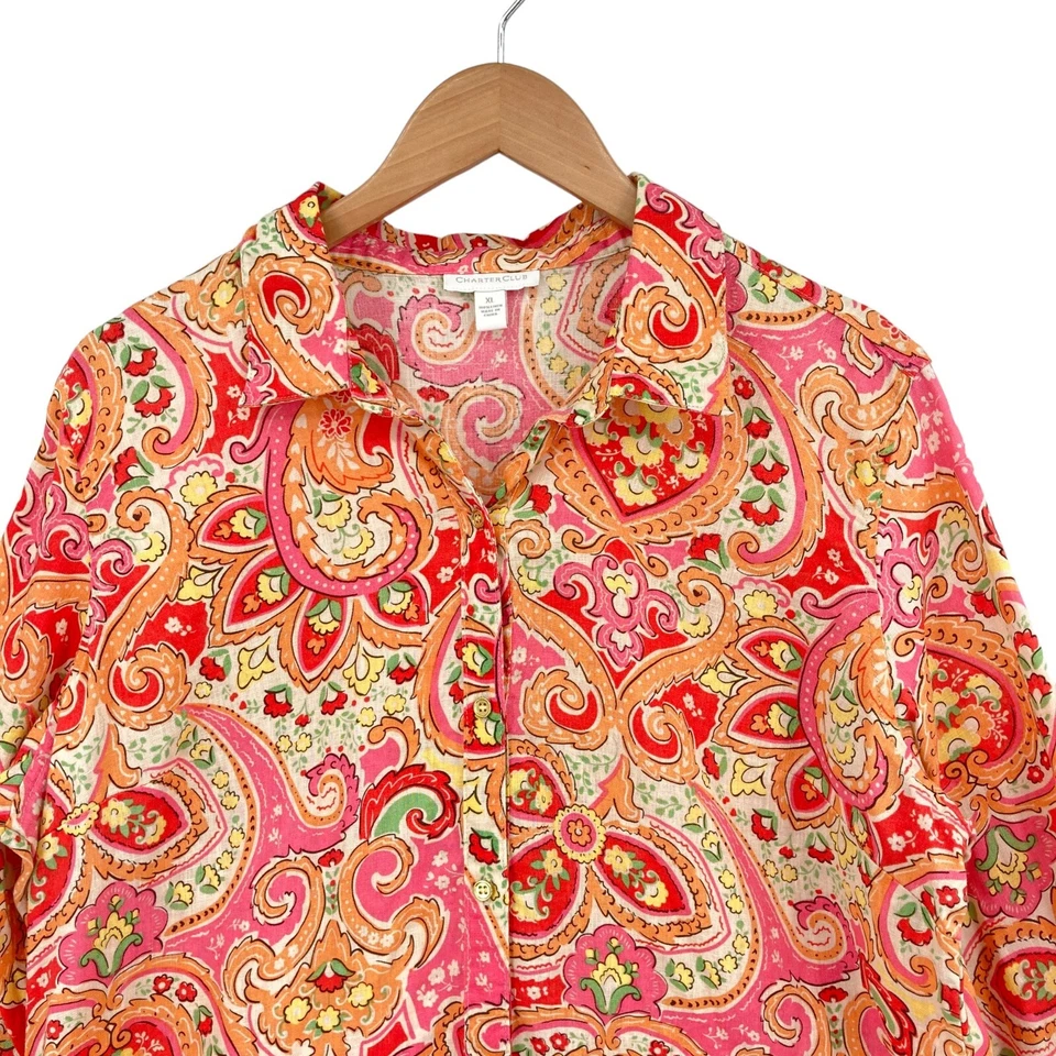 Camisa Charter Club de lino floral cachemira para mujer XL manga larga con botones Foto 3 de 4