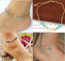 10" Women Girl Silver Gold Infinity 8 Blue Beads Chain Ankle Bracelet Anklet S10