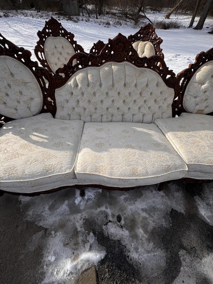 Carved Brown Wooden Antique Large Long Sofa Couch With Loveseat & Chair - Image 3 of 4