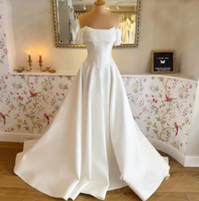 A Line Women's Wedding Dresses Charming Off Shoulder Bride Gowns Boat Neck Ruch