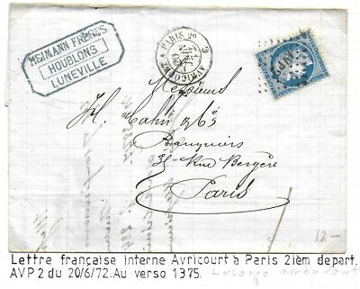 Alsace-Lorraine covers 1872 folded letter Aviscourt A Paris / Luneville to Paris
