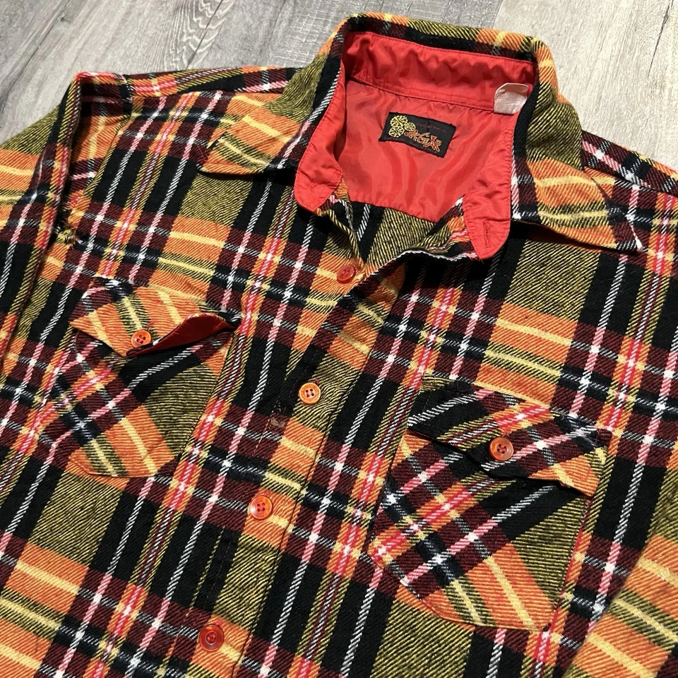 Camisa Acrílica De Colección Años 70/80 Hi Gear Naranja/Amarillo Franela a Cuadros Botón Para Hombres Talla L Foto 2 de 4