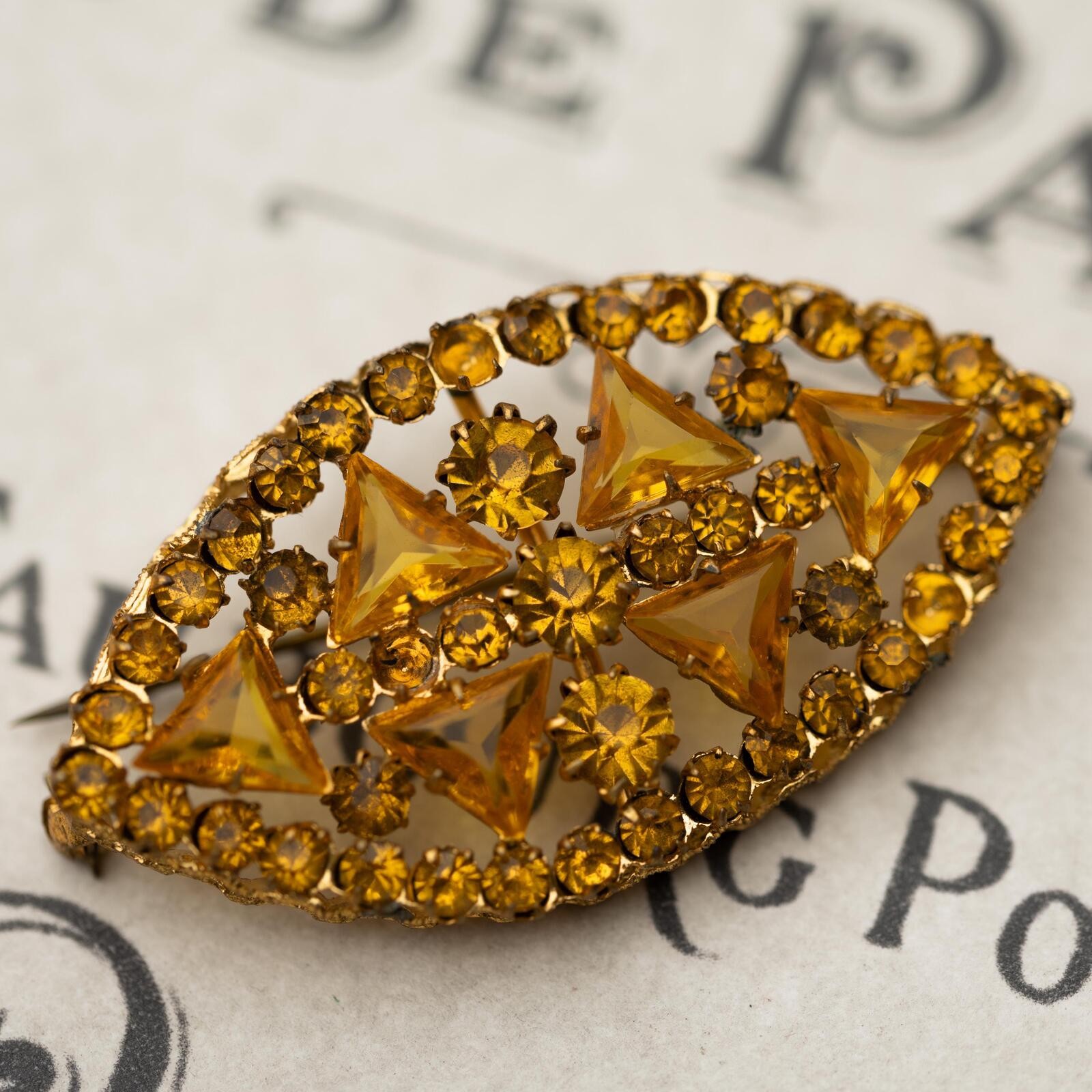 Vintage Yellow Rhinestone Brooch Gold Tone Estate Jewelry
