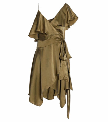 zimmermann asymmetric wrap dress Women's 1 Green Silk Satin V-Neck Ruffle Mini Shorter on the front ANIMAL French Connection Women's Whisper Size:7-8 Y