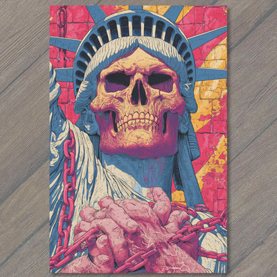 Art Print Liberty Skull Chains Neon Red Pink Blue Grunge Statue Bricks Yellow