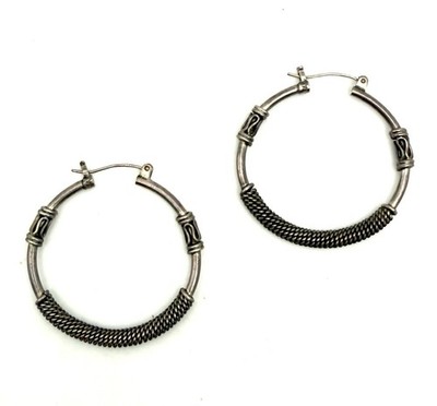 Bali Sterling Silver Hoop Earrings 1.25  Oxidized Vintage Signed BA Boho
