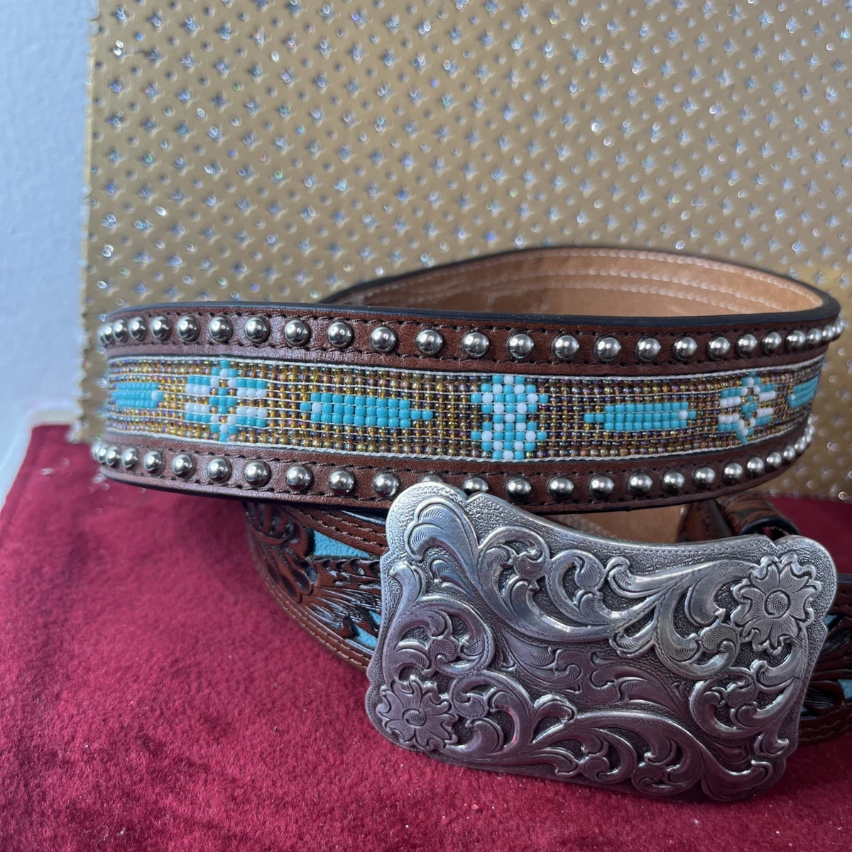 Distressed Brown Leather Belt Seed Bead Multicolored Buckle Boho Festival XL 2 Inch Hand-Tooled Artesanal Beaded Leather Belt – Texas  main image 3