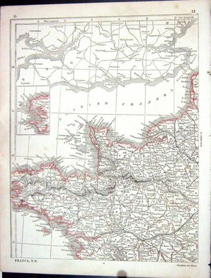Original alter antiker Druck Lowry Karte 1853 Nordwestfrankreich Britischer Kanal