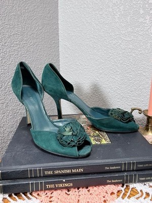 Y2K Nine West Emerald Green Suede Rosette Peep Toe D'Orsay Pumps