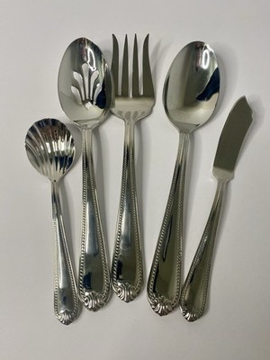 Lenox 18/10 Stainless Steel Bead 5 Piece Hostess Serving Set Spoons Meat Fork #2