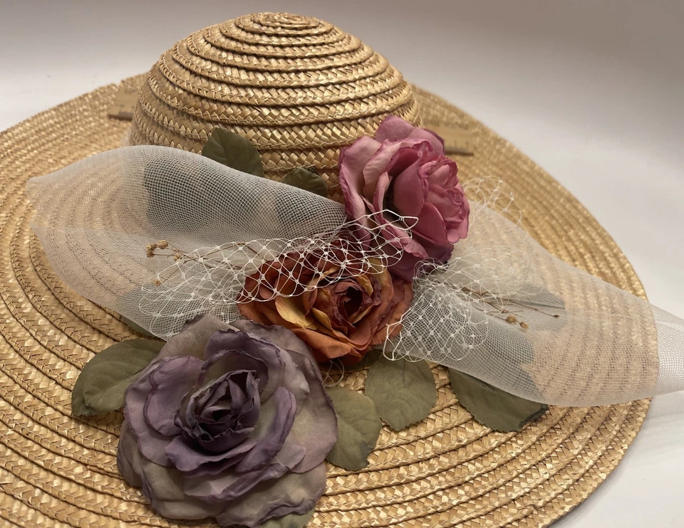Vintage Rine Chapeaux New Orleans Hat Straw Boater Gold Cord Flowers Sun Party - Image 2 of 4