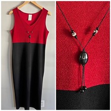 Vintage 90s Red Black Colorblock Midi Dress Matching Necklace Size 10