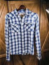 Hollister Mens Large Flannel Shirt with Pearl Snaps Plaid Western Long Sleeve