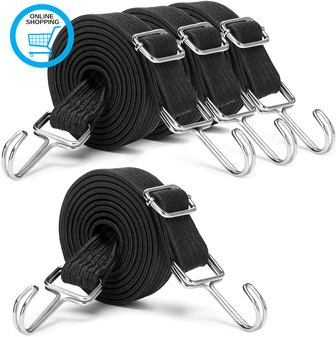 Adjustable Bungee Cords with Hooks Set, 4 Pack 2M Extra Long Flat Elasticity Rop