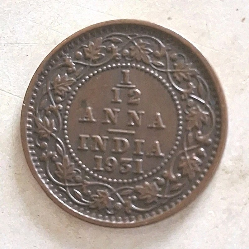 1931 INDIA 1/12 ANNA Sml Coin - KM 509 - Scarce 95 Yr Old Raj Era Nice UNC Brown