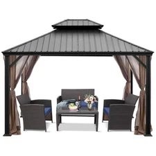 Patiojoy 12' x 10' Hardtop Gazebo 2-tier Outdoor Galvanized Steel Canopy Brown