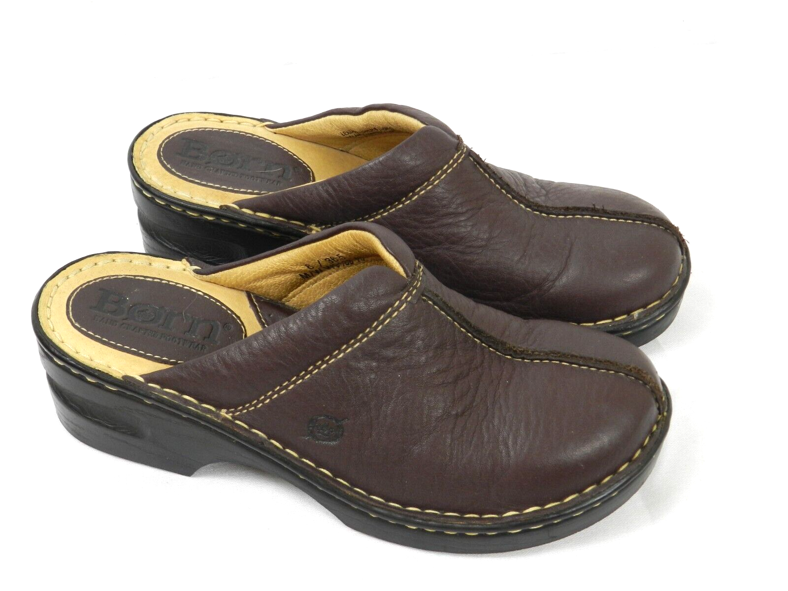 Born Women’s Brown Leather Mule Wedge Clogs Handcrafted Slip-On Shoes-image