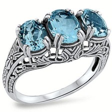 GENUINE 3.3 CT BLUE TOPAZ 3 STONE 925 STERLING SILVER ART DECO STYLE RING  258X