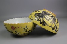 Beautiful Chinese Famille Rose Porcelain yellow and black color orchid bowls