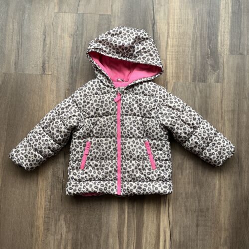 Carter’s Girl’s S/4 Hooded Puffer Jacket Fleece Lined Cheetah Print - Picture 1 of 6