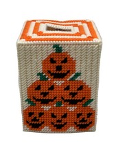 Vintage Halloween Tissue Box Holder Jack O Lantern Pumpkins Handmade Needlepoint