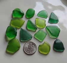 14 Green Mix med pieces JQ - Genuine surf tumbled sea glass beach glass bulk