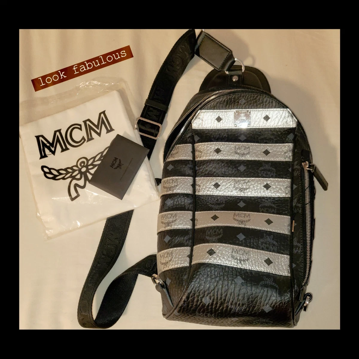 NEW MCM Visetos Black Silver Crossbody Bag w Adjustable Strap