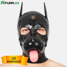 FURRJOI Silicone Black BDSM Dog Mask Hood With Tongue Gay Puppy Love Fetish 
