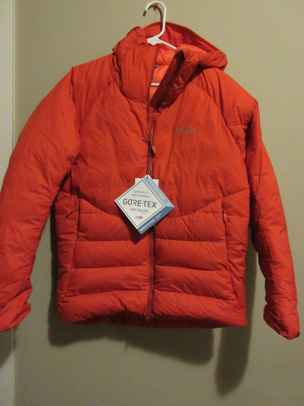 Mens New Rab Infinity Light Jacket Hoody Size Small Color Firecracker