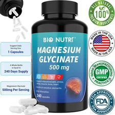 Magnesium Glycinate 500mg - 240 Capsules For Sleep, Stress Relief Support Bone