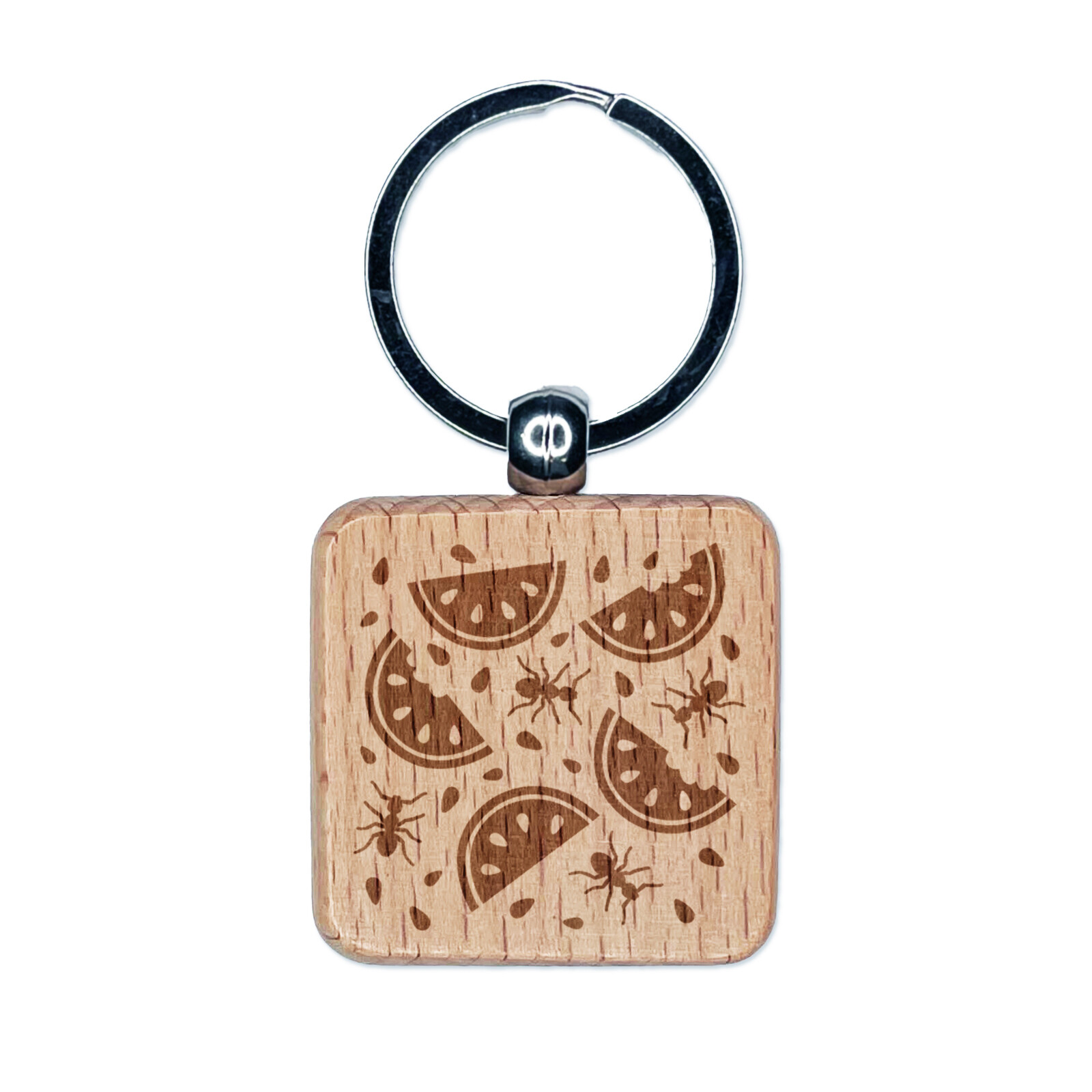 Watermelon and Ants Picnic Engraved Wood Square Keychain Tag Charm