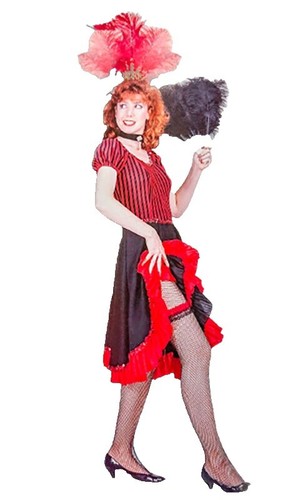 red can can dress Saloon /Can Can Dress Costume 2 Pc Blk/Red Stripe Dress & Feathered  Headpiece XS