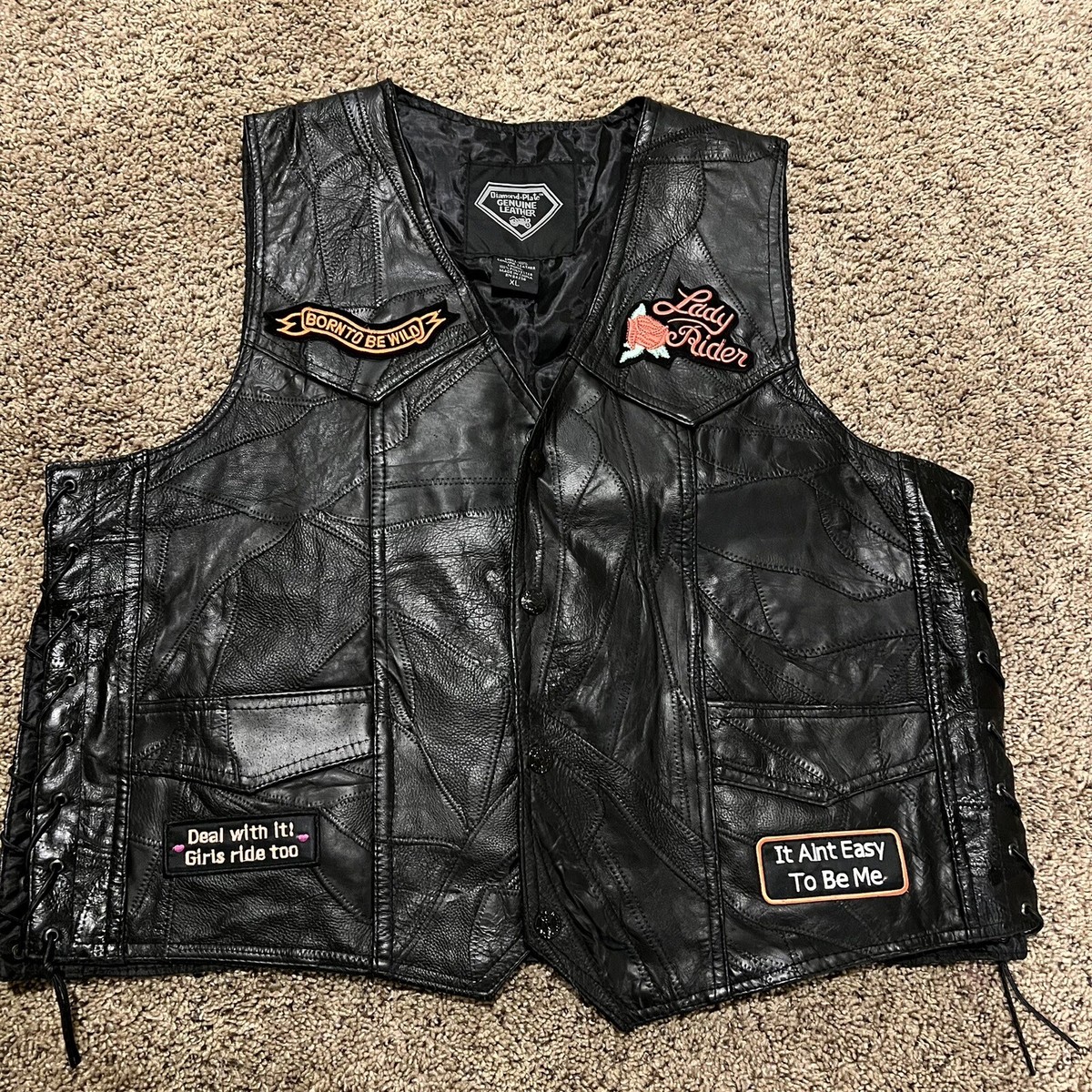 Diamond Plate Size XL Black Leather Moto Biker Vest Patches Lady