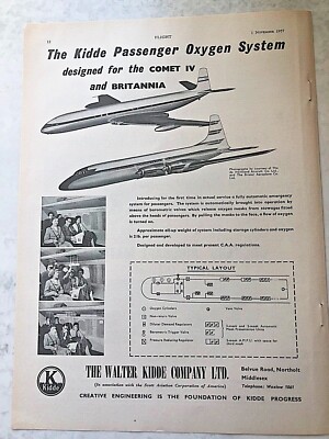 1957 Flugzeugwerbung WALTER KIDDE PASSAGIERSAUERSTOFFSYSTEM KOMET IV BRITANNIA