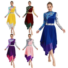 Women Liturgical Praise Dance Dress Long Sleeve Irregular Color Block Patchwork