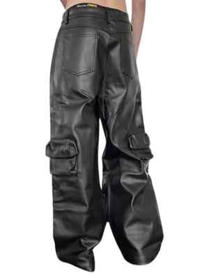 Men's Black Matte Leather Cargo Pants Mid Waist Straight Pants Y2K