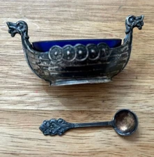 Sterling Silver? Viking Ship Open Salt Cellar W/ Cobalt Blue Glass  &Spoon *READ