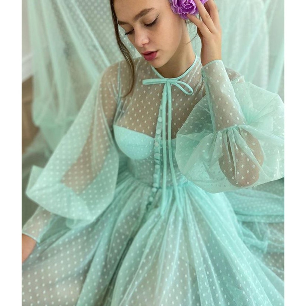 Teuta Matoshi Mint Green Swiss Dot Tulle Dress Size 12