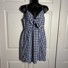 Old Navy Linen Blend Dress Women M Blue White Gingham Check Knotted Tie Detail