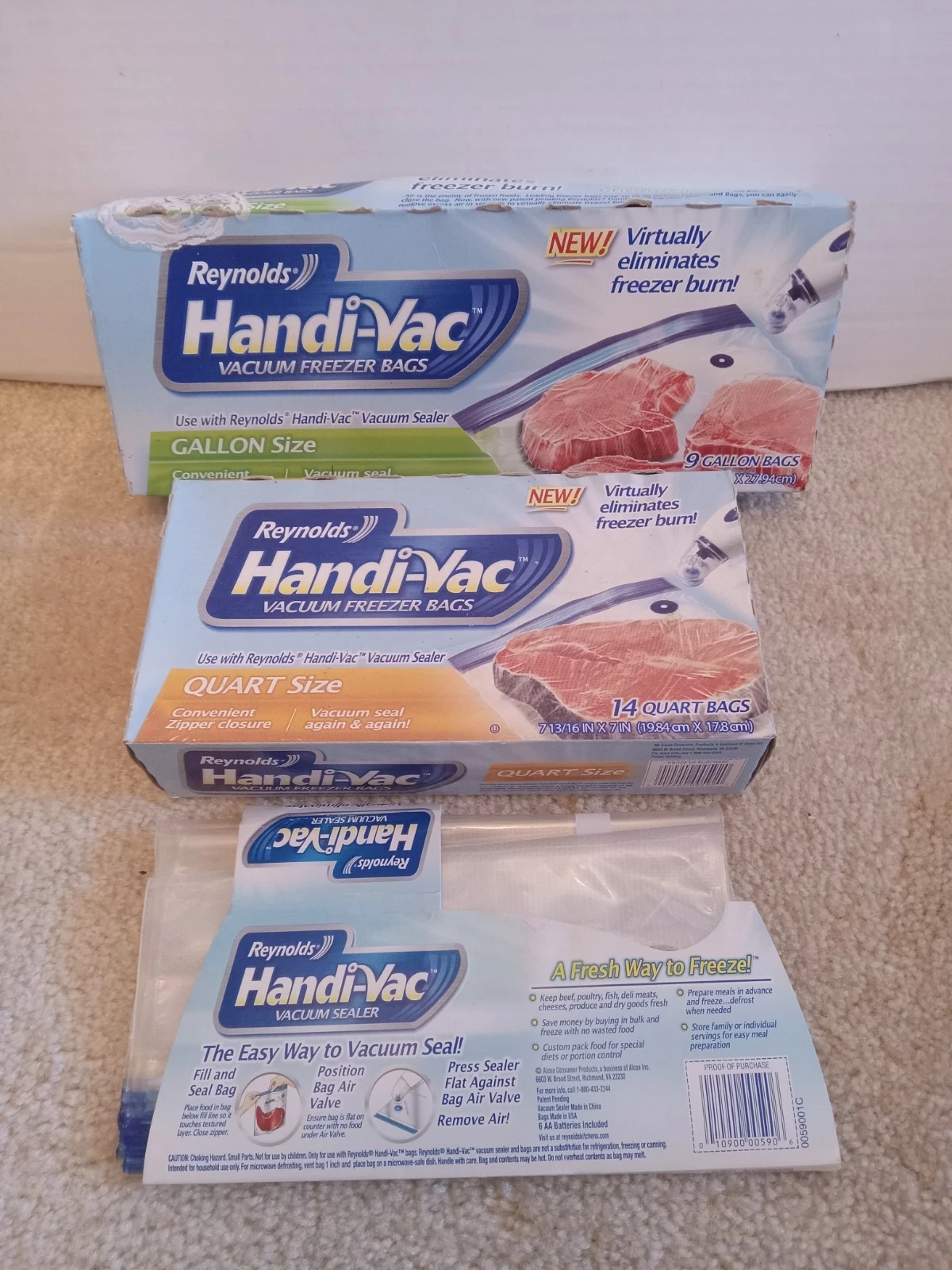 26 NEW Reynolds Handi-Vac Vacuum Bags 1 Box 14 Qt + 1 Box 9 Gal + 3 Pack Qt