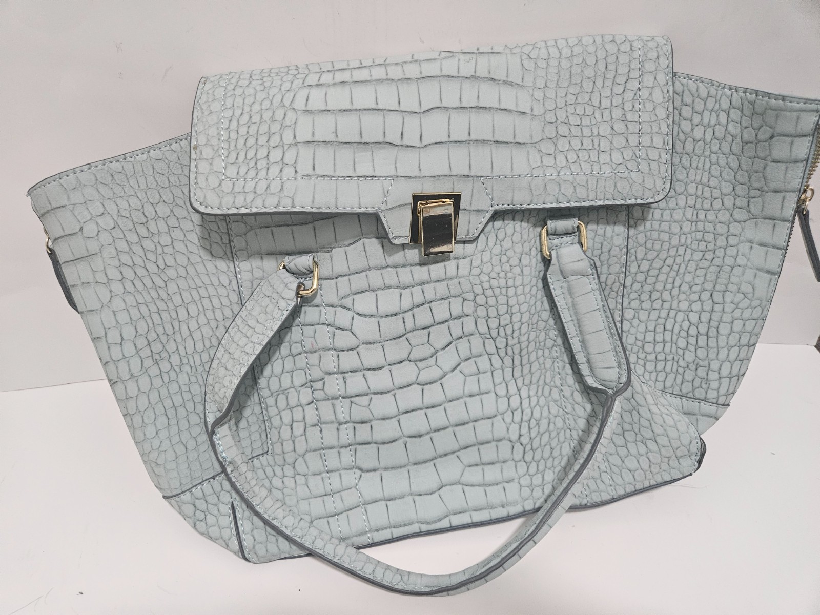 Massimo Dutti Light Blue Crocodile-Sytle Embossed Leather Tote Bag