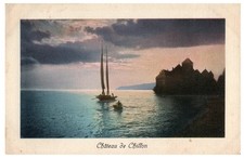 1915 Château de Chillon Vintage Postcard Sailing Boats Sunset Scene Switzerland