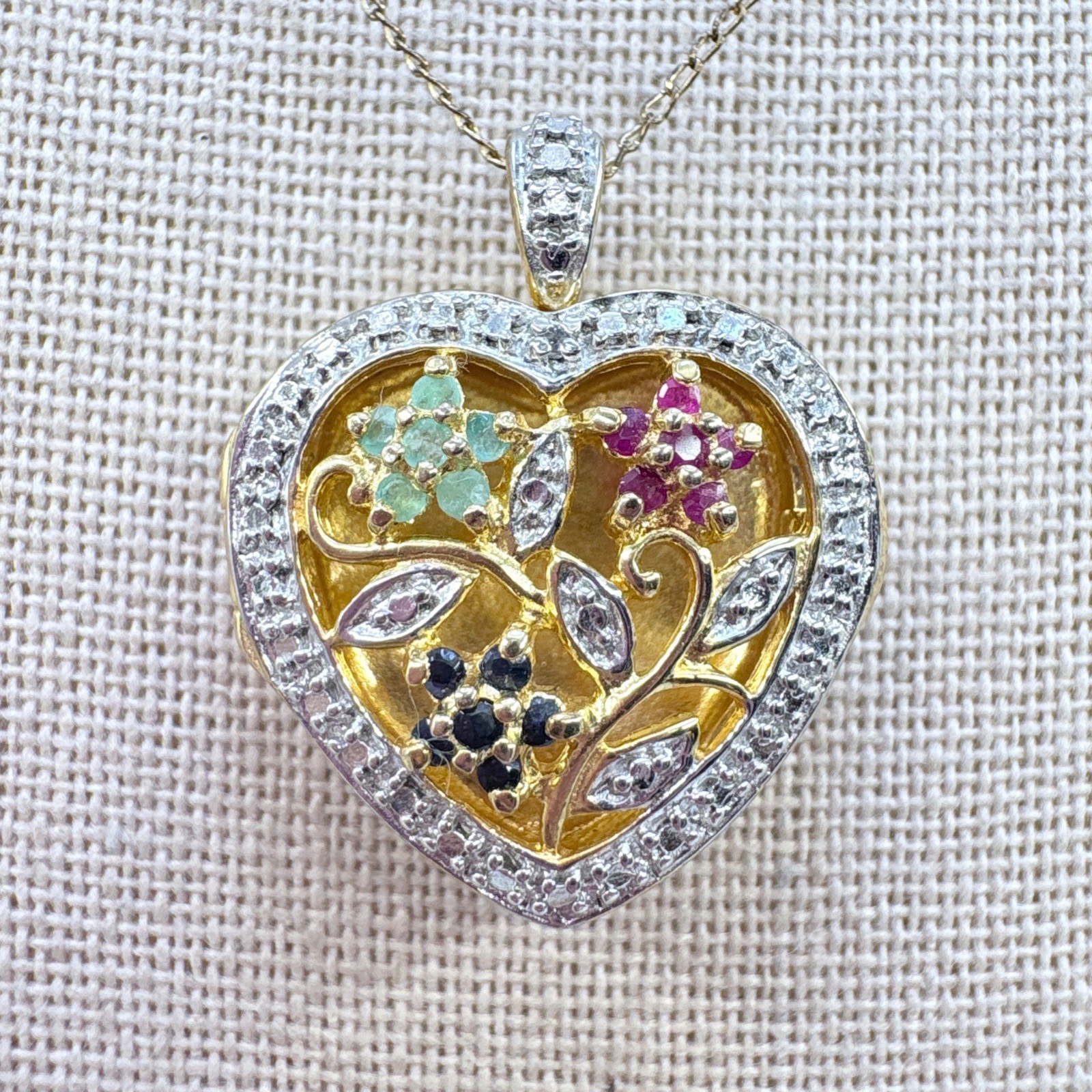 VTG Sterling Silver 925 Ruby Emerald Sapphire Hea… - image 2