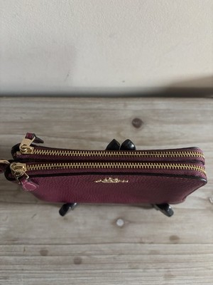 Coach Double Zip Pebbled Leather Wristlet Rouge Burgundy Wine Red