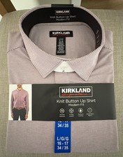 Kirkland Men Modern Fit Knit Button Up Dress Shirt, Purple, L 16-17, 34/35 NWT 