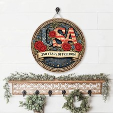 USA 250th Anniversary Wooden Sign Patriotic Door Decor American Flag Floral