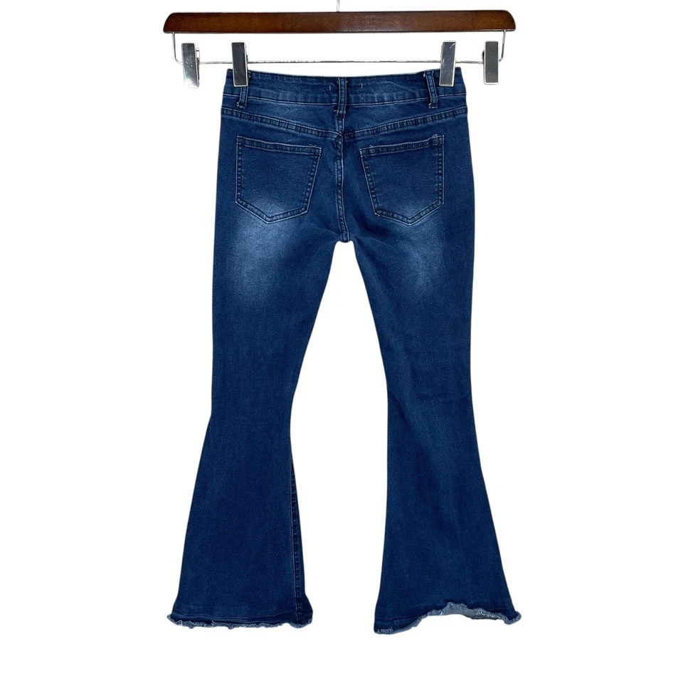 Jeans acampanados de bambú talla 7 azul grunge desgastado dobladillo crudo elástico denim Foto 2 de 4