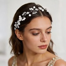 Bridal Pearl Crystal Tiara Headband with Ribbon Tie, Flower Floral Hair Vine